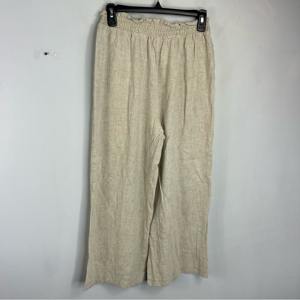 Princess Polly Size 8 Linen Blend Wide Leg Crop Tan Sand Flowy Pants TT7 - Picture 3 of 7